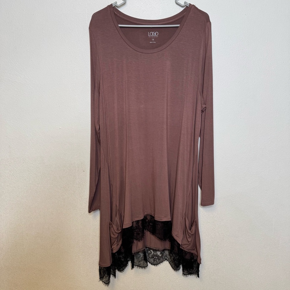 LOGO Lori Goldstein Purple Toned Brown Stretch Lace Tunic 3/4 Sleeve Shirt 1X - Picture 2 of 12